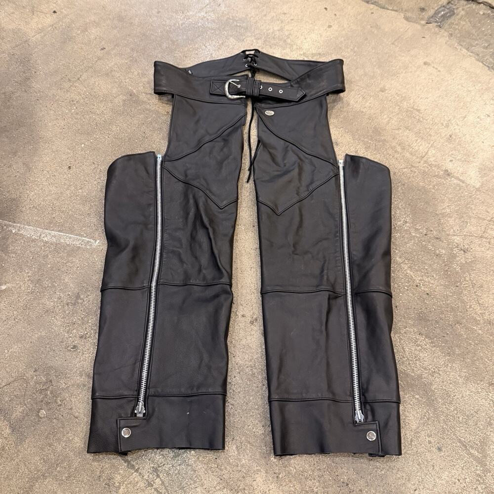 Harley-Davidson Mens XXL Black Leather Motorcycle Chaps Made USA Lace Zip Used